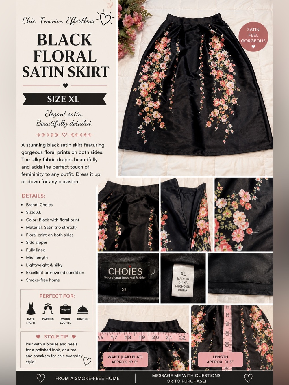 Choies Black Satin Midi Skirt with Pink & Peach Floral Panels
